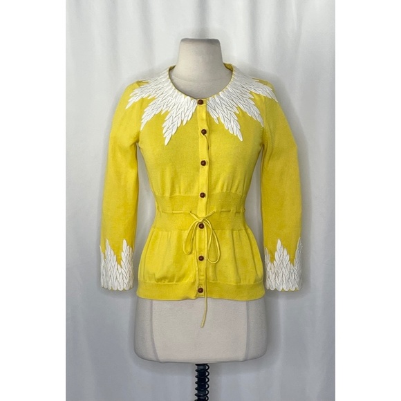 NWT!! Anthropologie MOTH Wisteria Cardigan Lace Appliqués Canary Yellow Small - Picture 3 of 15